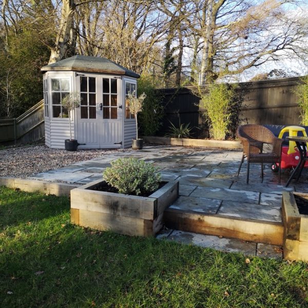 garden with patio area