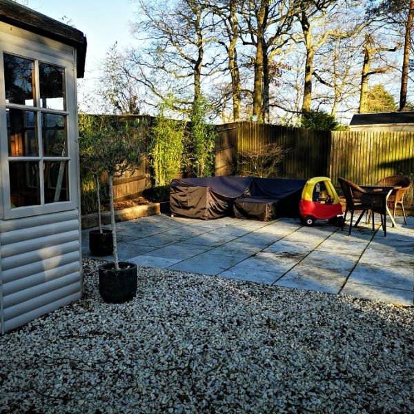 garden with patio area