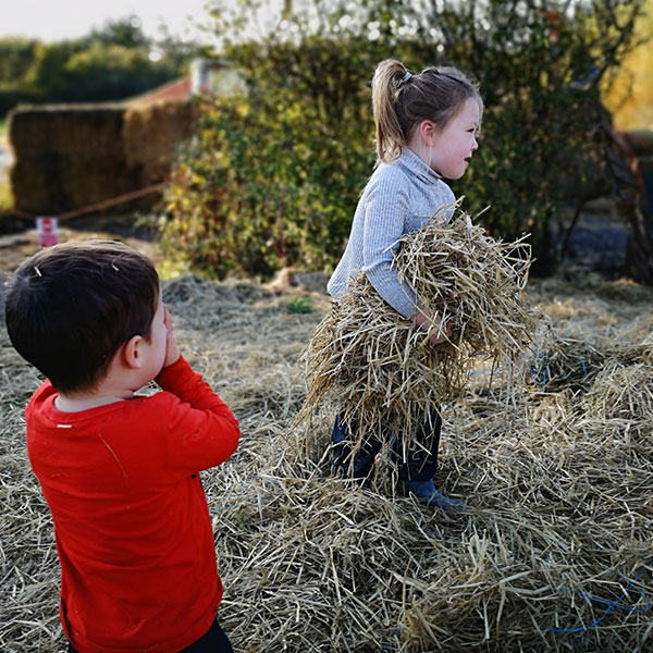 children playing in the hay