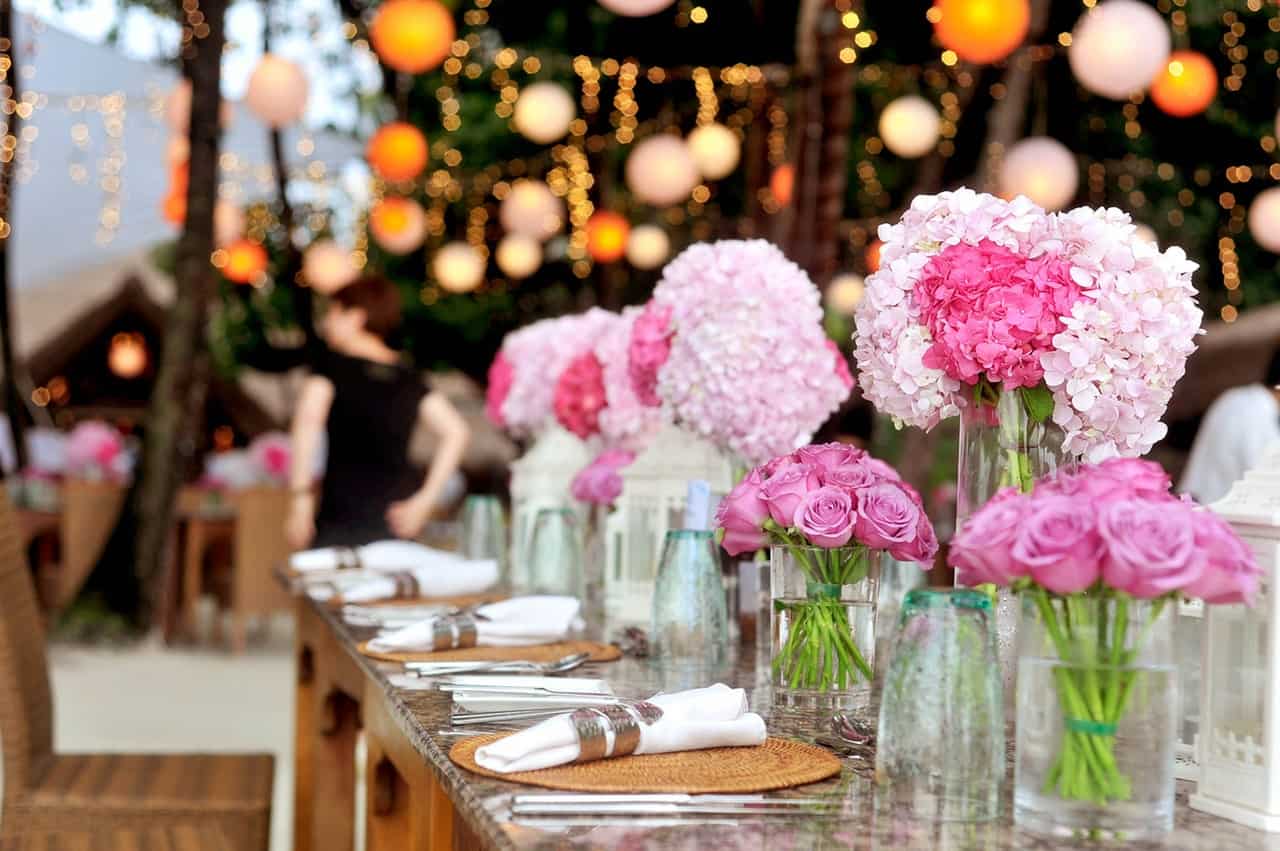 flowers set up on wedding table