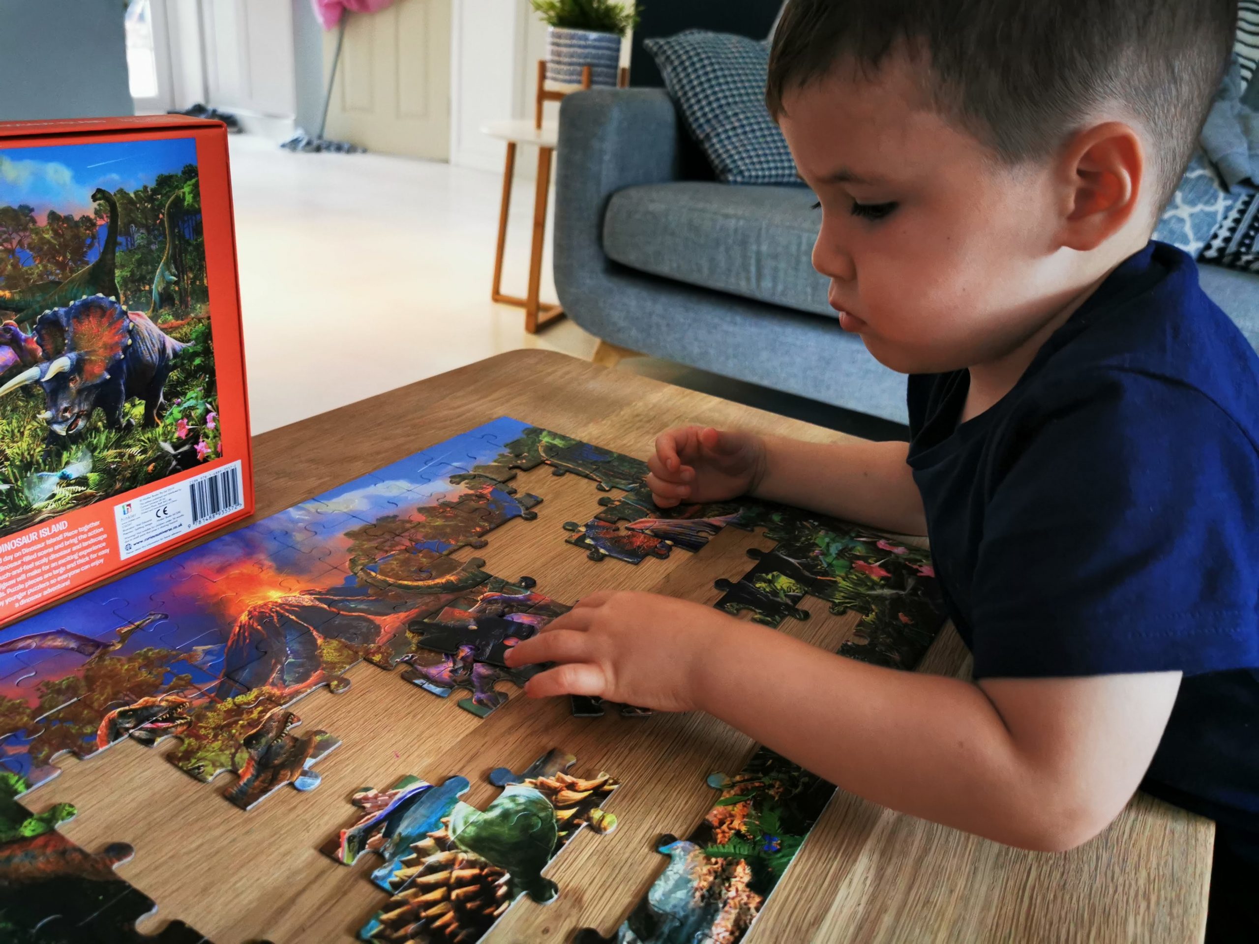 young boy playing with dinosaur puzzle