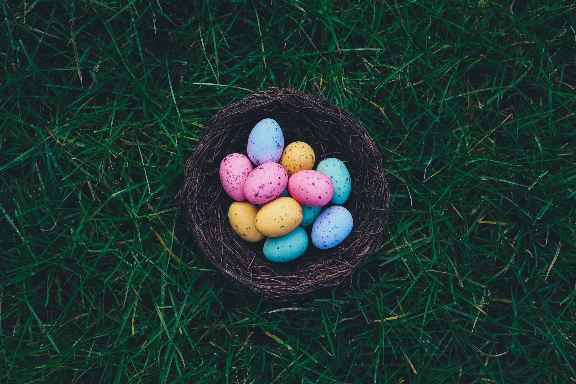 Painted easter eggs in basket